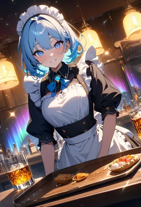 (masterpiece:1.4), (best quality), anime style, drawn, (maid), ((blue maid costume)), (((pale blue hair))), (blue eyes)(smile), (whisky, on a tray)), ((food, on the table)), ((Inside a Western restaurant)), (insanely detailed), (gold light effects:1.5), (l...