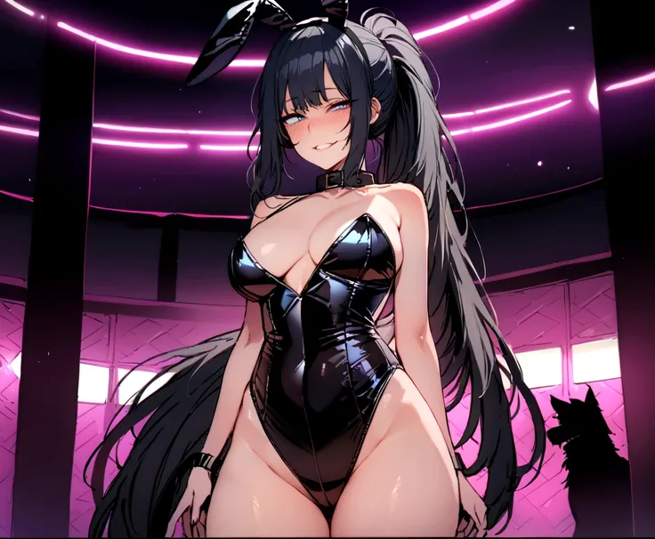 masterpiece, best quality 2girl, beautiful women, bangs, black hair, very long hair, ponytail, blue eyes, deep blush, grin, large breasts, black dog collar, black playboy bunny outfit, cowboyshot, looking at viewer, strip club background