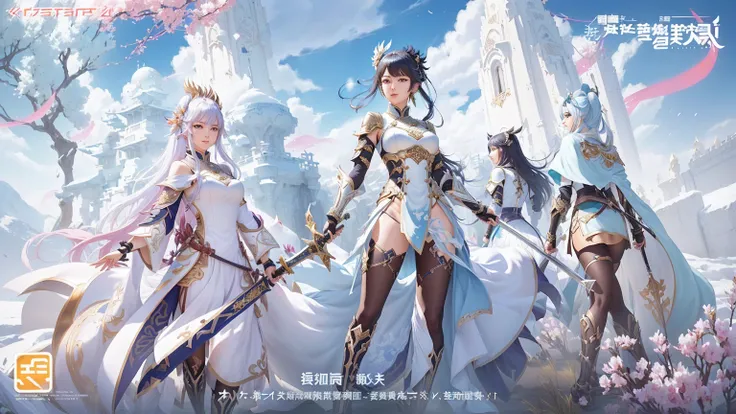 Poster close-up：A group of women holding swords, Kushat krenz key art feminine, Popular on cgstation, 2. 5D CGI anime fantasy artwork, Genshin Impact, Game CG, Official Art, pixiv 3dcg, by Qu Leilei, Official Artwork, Kushat, Anime Cover, xianxia hero, Off...