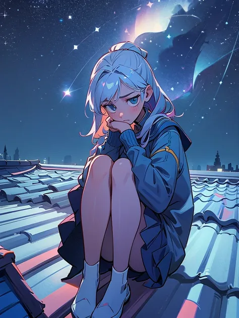 Girl sitting on the roof of a house, clasping your knees with your hands, and looks thoughtfully at the night sky, Star-studded. She&#39;s wearing a cozy sweater and her favorite cat socks.. Nearby there is a mug with still warm cocoa. The atmosphere is qu...