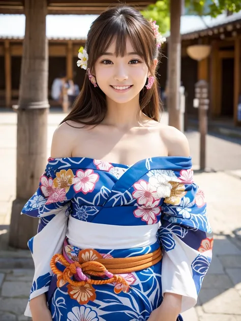 Tabletop、supreme beauty、masterpiece, 1 girl, solo, (Yukata style),(Random Yukata),(Colorful Obi)、(Off-the-shoulder 1.3), (Stock Highlight 1.3)、Slender、sunlight、smile, Attention to detail, Depth of written boundary, 135mm, Textured skin, Super detailed, hig...