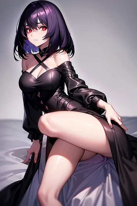 a beautiful girl with violet hair wearing a black dress, extremely detailed facial features, bob haircut, woman wearing a long black and red coat, solo character, white background, anime style, very detailed, photorealistic, 8k, best quality, masterpiece, ...