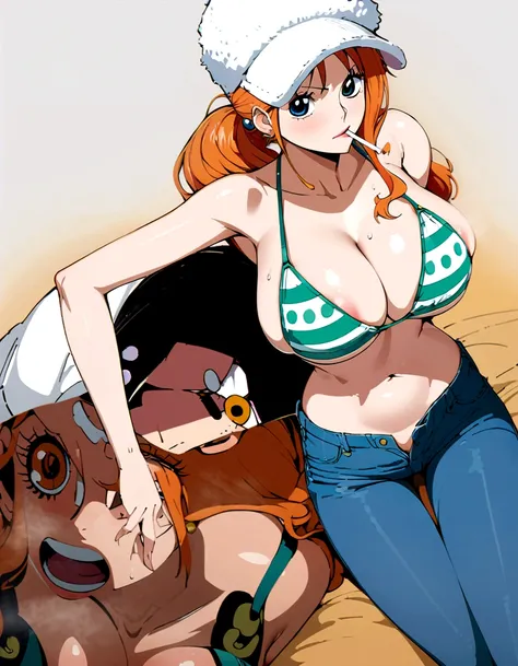 a cartoon picture of a woman in a bikini top and jeans, nami one piece, nami from one piece, nami, beautiful portrait of nami, from one piece, oppai, blue eyes, smoking, ponytail, nsfw