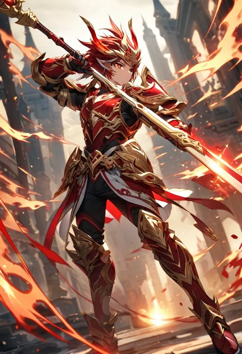 extremely detailed light armor that is red & white based off of Sun Wukong wielding a fiery staff