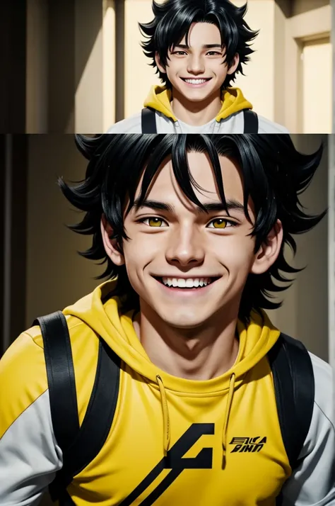 screenshot screencap Boku no Hero Academia, 16 year old boy, black wavy hair, yellow eyes, cat pupils, big smile.