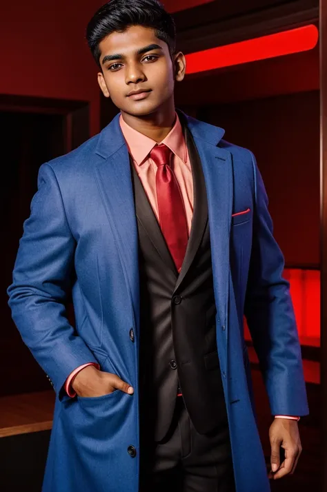 21 year old indian boy With fair skin and narrow body Posing for a linkedin picture in formals coat and red light in background

