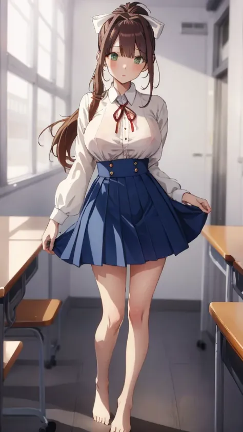 masterpiece, highest quality, anime, very detailed, 1 girl, alone, , Are standing, classroom, Monica, green eyes, brown hair, very long hair, ponytail, hair ribbon, white ribbon, 、very short dark blue skirt,、barefoot、facing the viewer directly、lightly dres...