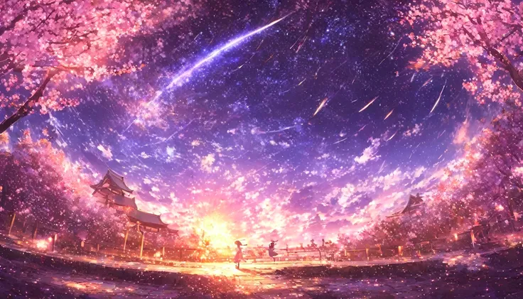 masterpiece, Concept Art, Panorama, in the center, shape, Wide Shot, garden, night, (meteor), Space galaxy background, (Great composition, Epic scale), Dynamic Lighting, Bright colors, cherry blossoms,1 Girl,