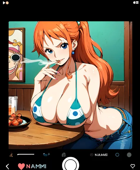 a cartoon picture of a woman in a bikini top and jeans, nami one piece, nami from one piece, nami, beautiful portrait of nami, from one piece, oppai, blue eyes, smoking, ponytail, nsfw