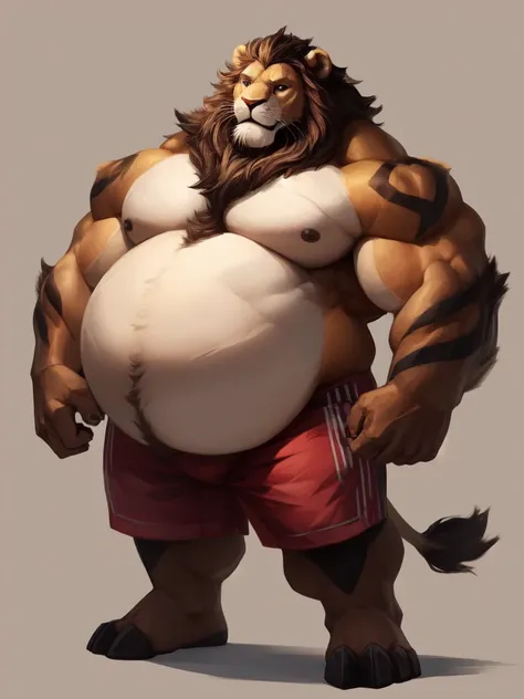 lucusold, lanxus, a man with a huge belly, furry lion, fat ripped , thicc, lowres, giant and fat, danbooru and artstation, heavy detailed, insanely inflated hips, topless, shorts, proportionally enormous arms, fluffy chest, commission for high res, detaile...