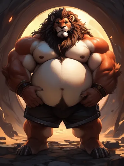 lucusold, lanxus, a man with a huge belly, furry lion, fat ripped , thicc, lowres, giant and fat, danbooru and artstation, heavy detailed, insanely inflated hips, topless, shorts, proportionally enormous arms, fluffy chest, commission for high res, detaile...