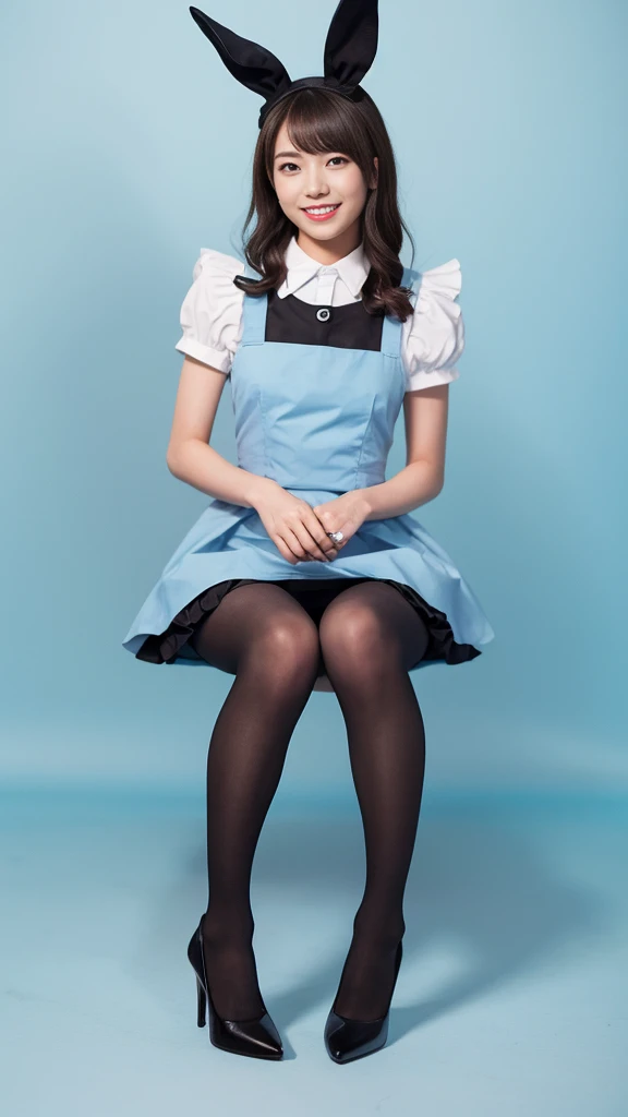 Bunny girl in a light blue maid outfit:1.5，Wearing light blue tights:1.5，The best smile:1.5，Full Body Shot:1.5，Gray background:1.5，Wearing black high heels:1.5，Poop sitting:1.5