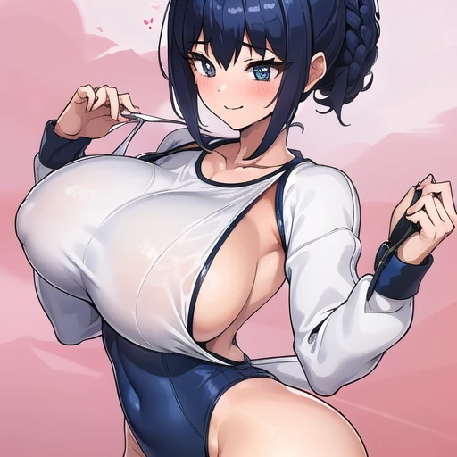 Super detailed,masterpiece,.((( gym suit,bare back,,bottomless,Blushing,))),bare breast,Super gigantic breast and hips,A little smile,showing whole face