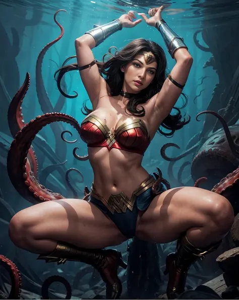 seabed，Huge octopus，Octopus tentacles，Octopus tentacles wrapped around Wonder Woman，a girl, Gal Gadot plays Wonder Woman, sexy body, Beautiful face，Painful expression，sad，Lively expressions，，seduce。huge breasts, Huge ass, plump body, sexy bra, sexy thong、n...