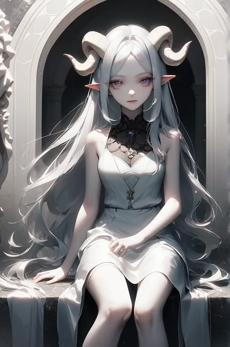 ((Лучшее качество)), ((шедевр)), (подробный), 1 demon girl, elastic chest, marble, marble skin, statue,white marble , demon girl, horns, they horns, jewelry, long hair, medium chest, pointed ears, sitting, solo, white hair