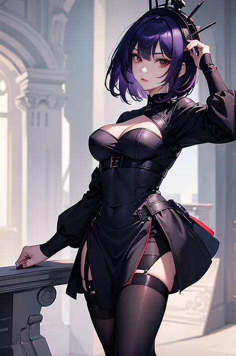 a beautiful girl with violet hair wearing a black dress, extremely detailed facial features, bob haircut, woman wearing a long black and red coat, solo character, white background, anime style, very detailed, photorealistic, 8k, best quality, masterpiece, ...