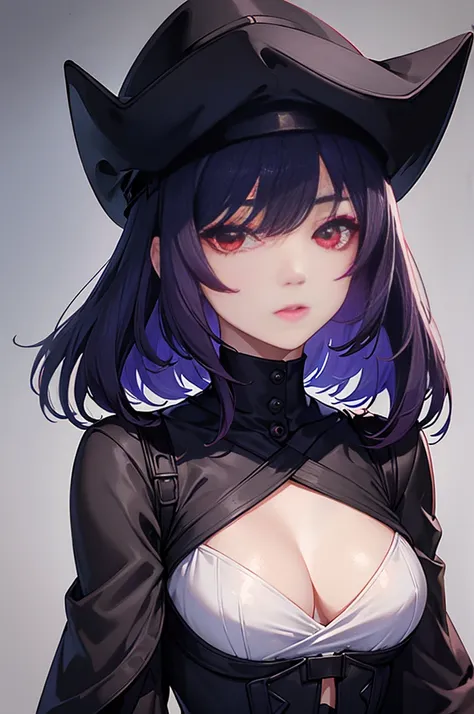 a beautiful girl with violet hair wearing a black dress, extremely detailed facial features, bob haircut, woman wearing a long black and red coat, solo character, white background, anime style, very detailed, photorealistic, 8k, best quality, masterpiece, ...