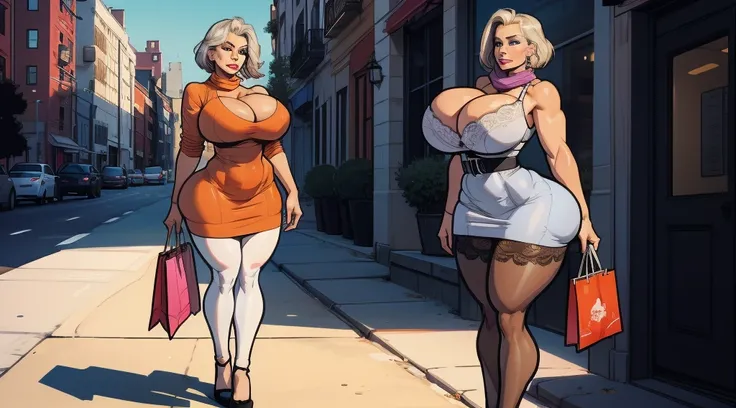 MILF, 2girls, large breasts, gigantic breasts, huge breasts, mature female, heavy breasts, short hair, silver hair, light skinned female, Sweater dress, cropped top, thick dress, Violet scarf, orange eyes, large, Curvy waist , Breasts resting on arms, arms...