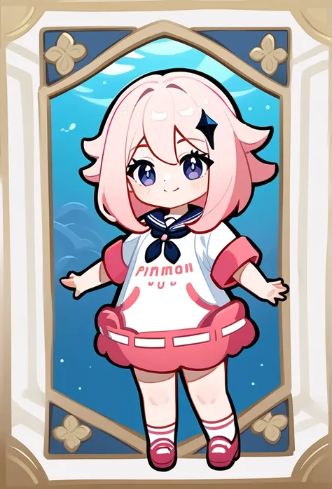 Genshin impact art styles, Pink hair, thick twintails, red eyes, swimming club, smile with lively, Beautiful hot pink accessories and paimons uniform,paimon