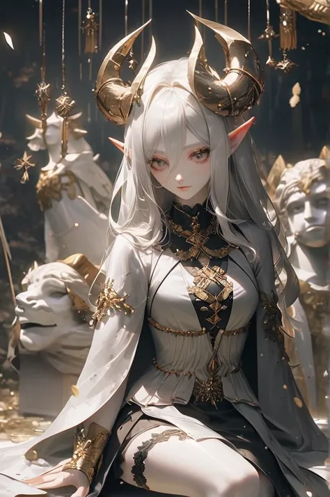 ((Лучшее качество)), ((шедевр)), (подробный), 1 demon girl, elastic chest, marble, marble skin, statue,white marble , demon girl, horns, they horns, jewelry, long hair, medium chest, pointed ears, sitting, solo, white hair