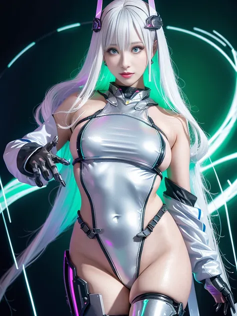 Super Detail, High Detail, high quality, best quality, High resolution，1 female robot，Beautiful female robot,beautiful clear face(Rain waves_haneame：1.5)， Realistic, High resolution, Soft Light,Hips up, (Detailed face), silver hair, long hair, Mecha Maiden...