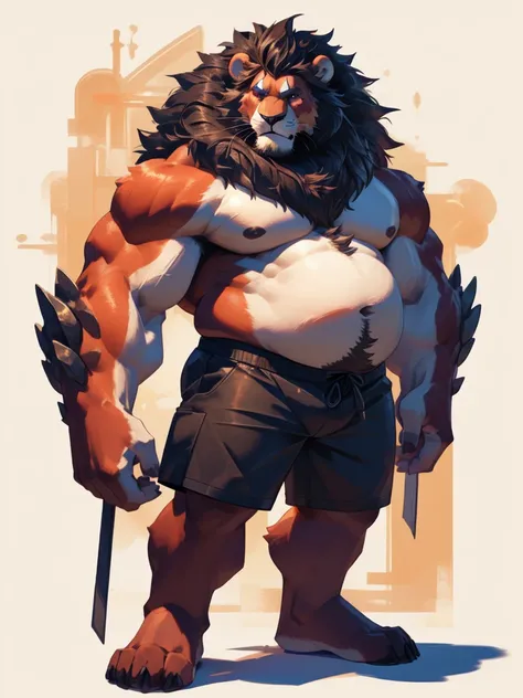 lucusold, lanxus, a man with a huge belly, furry lion, fat ripped , thicc, lowres, giant and fat, danbooru and artstation, heavy detailed, insanely inflated hips, topless, shorts, proportionally enormous arms, fluffy chest, commission for high res, detaile...