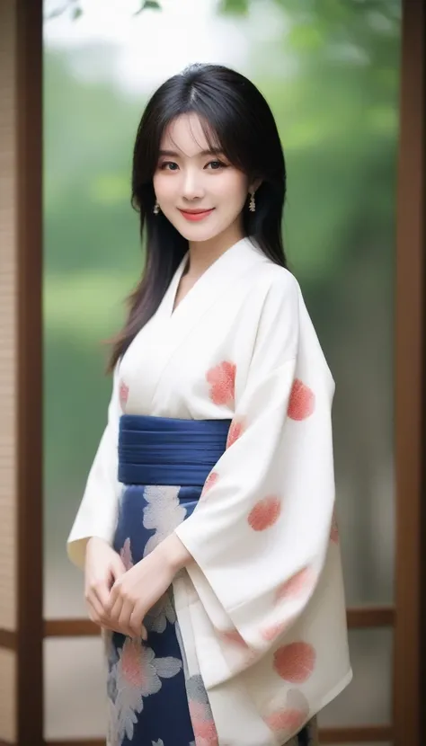 Create an image that depicts Dan Mitsu。She has black hair、Have long straight hair、I have fair skin。She has an elegant and sexy look.、I often wear kimonos and Japanese clothing.。Her eyes are big and attractive,、There is something elegant about a smile、It ha...