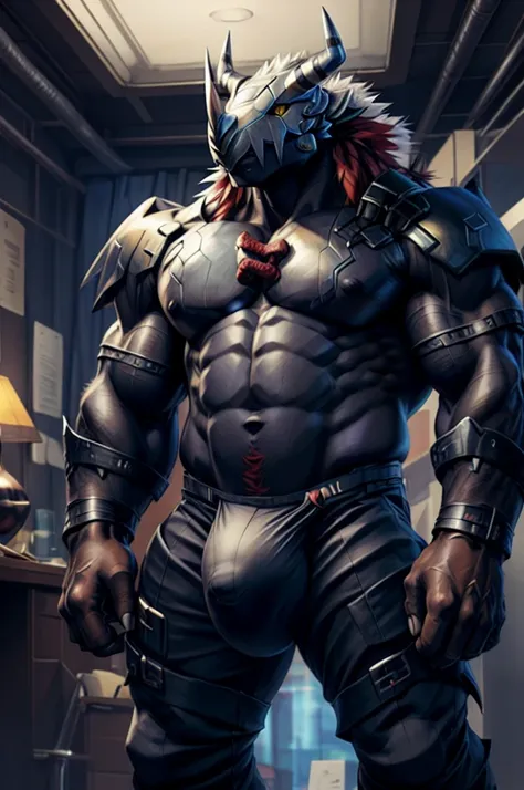 (by null-ghost, by darkgem, by kumak), (wargreymon), safe, markings, black sclera, yellow eyes, male, solo, , pants, solo, muscular, colar, fancy,  akihabara, , massive bulge, in private bedroom.  Close up. Dim light. Front view. 