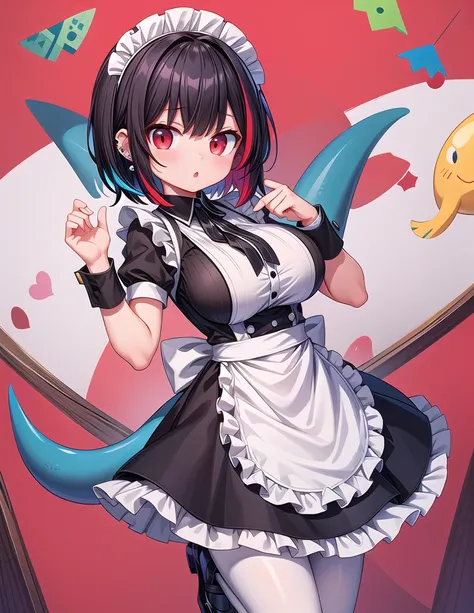 solo,1girl(big breast)(masterpiece, best quality:1.2),Ellen Jo，Zenless Zone Zero，alternate costume ,maid, shark tail, (shark girl:0.5), short hair，black hair，red eyes, tail, pantyhose,multicolored hair, black footwear, short sleeves, apron, wrist cuffs, ma...