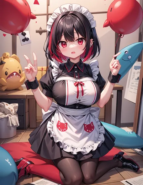 solo,1girl(big breast)(masterpiece, best quality:1.2),Ellen Jo，Zenless Zone Zero，alternate costume ,maid, shark tail, (shark girl:0.5), short hair，black hair，red eyes, tail, pantyhose,multicolored hair, black footwear, short sleeves, apron, wrist cuffs, ma...