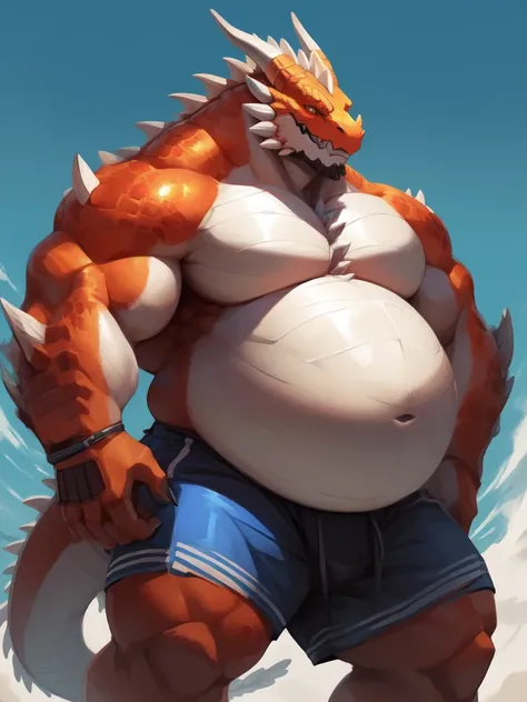 lucusold, lanxus, a man with a huge belly, furry dragon, fat ripped, chubby, more chubby , thicc, lowres, giant and fat, danbooru and artstation, heavy detailed, insanely inflated hips, topless, shorts, proportionally enormous arms, fluffy chest, commissio...