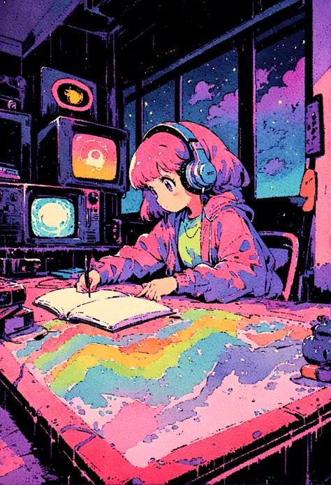 (zero), Girl studying in room, Reading a book, Wear headphones, , night lighting, Neon scenery on a rainy day,Analog Color Theme, Lo-fi Hip Hop , review, flat, 2.5D ,Draw a line, Ink painting, Large slope, Watercolor, Goosh Colors, Studio Ghibli style, Gre...