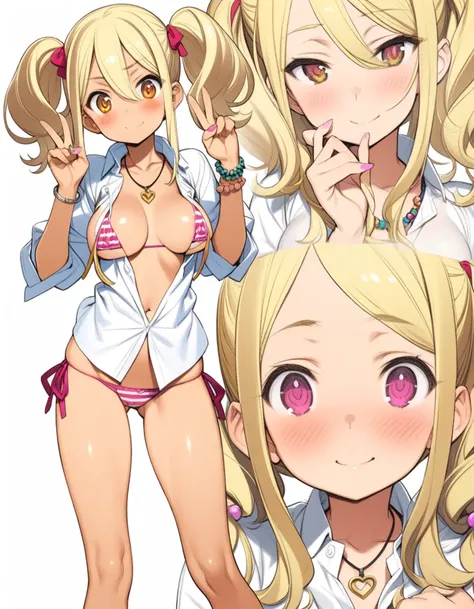 hotate-chan, lockheart, oyari ashito, 1girl, 10yo, official art, gyaru, blond hair, twintail, large breast, shiny skin, groin, bikini, open shirt, side tie, necklace, bracelet, standing, contrapposto, head tilt, smile, naughty, mesugaki, blush, vulgarity, ...