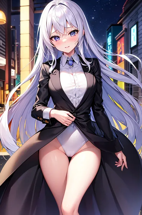 (Highest quality), (High resolution), (masterpiece), (Super detailed), Silver Hair, Long Hair, Blue and purple eyes, Blue Archive Art Style, One girl, Girl, Silky skin, Shiny skin, An athletic body, blush, Heavy breathing, chest, (Black long coat, White sh...