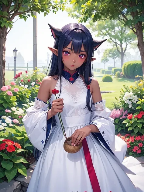 woman, 14 years old、Dark Elf, Dark Skin, Pointed Ears, Navy Blue Hair、Red eyes、Somen、Kind eyes、Blushing、garden、White Dress