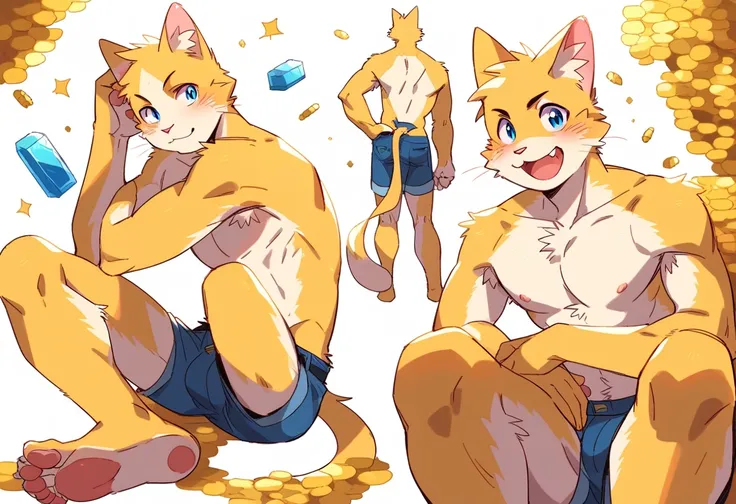 score_9, score_8_up, score_7_up, male, furry, full length, high quality, hires, anthro, teenager, 18 years old, domestic cat, yellow fur, blue eyes, handsome, happy, cute, humanoid feet, shirtless, toned body, prominent v-line, toned legs, toned forearms, ...