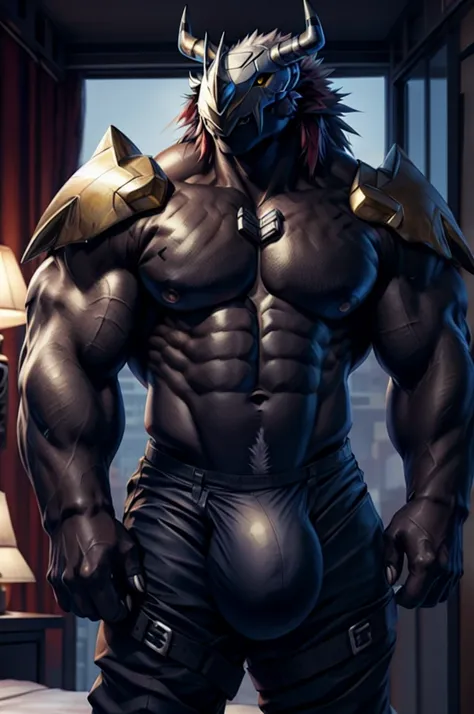 (by null-ghost, by darkgem, by kumak), (wargreymon), safe, markings, black sclera, yellow eyes, male, solo, , pants, solo, muscular, colar, fancy,  akihabara, , massive bulge, in private bedroom.  Close up. Dim light. Front view.  Big, v line. Nice Pecs.