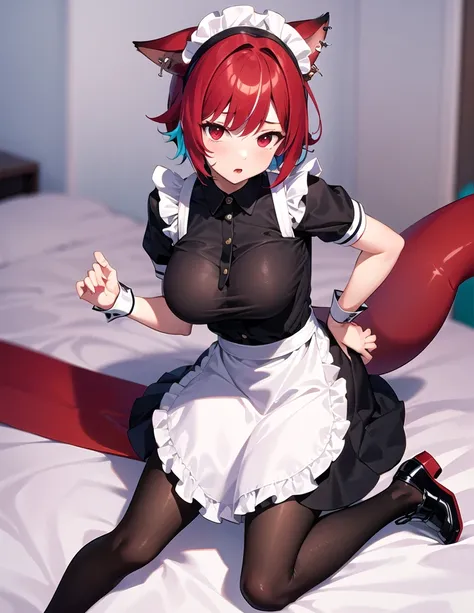 solo,1girl(big breast)(masterpiece, best quality:1.2),Ellen Jo，Zenless Zone Zero，alternate costume ,maid, shark tail, (shark girl:0.5), short hair，black hair，red eyes, tail, pantyhose,multicolored hair, black footwear, short sleeves, apron, wrist cuffs, ma...