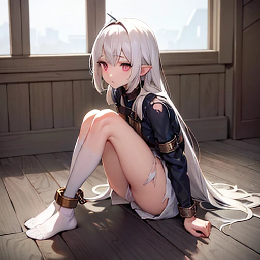 masterpiece, detailed, a girl, sad, neutral, sitting on the floor, looking up, long hair, white hair, colored inner hair, pink eyes, big eyes, fair skin, short, slender, undone clothing, with a scar, teenager, inside, in the room, at night, fantasy, アニメ、((...