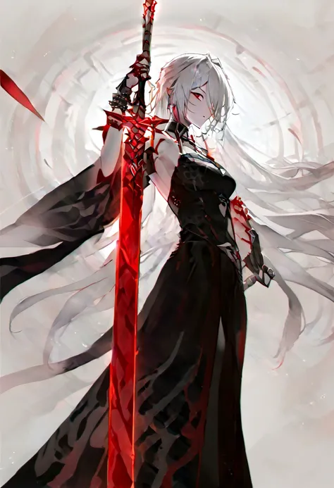 woman with long white hair with red strokes, detailed red eyes, holding a large red sword, with black clothes