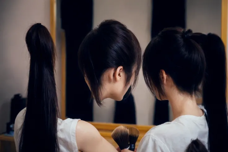 There is a woman brushing her hair in front of the mirror., Thinning hair, Short hair, Look in the mirror, Hair on the face, Long Hair, Look in the mirror, Look in the mirror, Hime cut, With mirror, Look in the mirror, ponytail, Hair Color, ponytail 黒髪, 