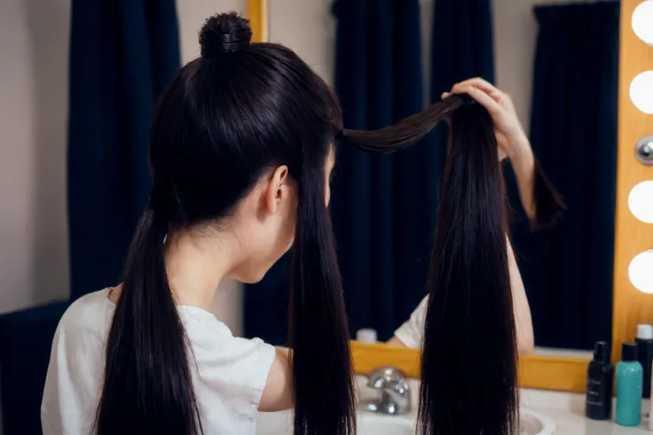 There is a woman brushing her hair in front of the mirror., Thinning hair, Short hair, Look in the mirror, Hair on the face, Long Hair, Look in the mirror, Look in the mirror, Hime cut, With mirror, Look in the mirror, ponytail, Hair Color, ponytail 黒髪, 