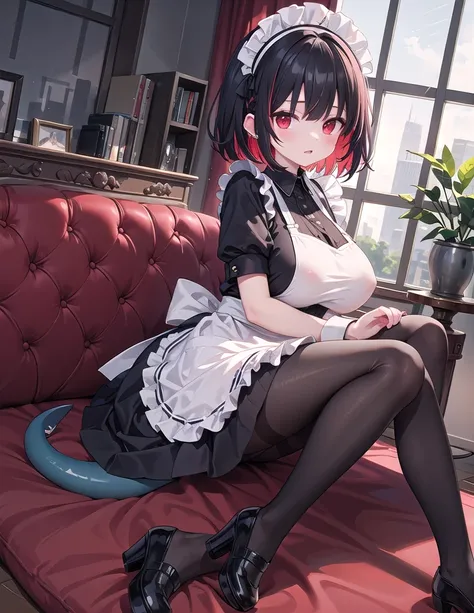 solo,1girl(big breast)(masterpiece, best quality:1.2),Ellen Jo，Zenless Zone Zero，alternate costume ,maid, shark tail, (shark girl:0.5), short hair，black hair，red eyes, tail, pantyhose,multicolored hair, black footwear, short sleeves, apron, wrist cuffs, ma...