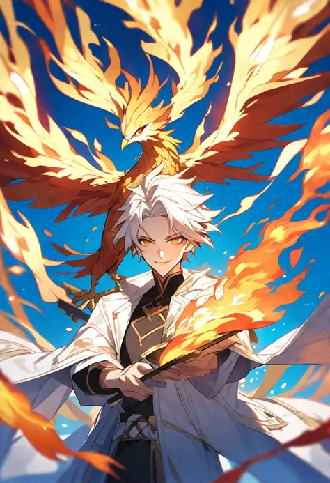 Solo, 1 male, red and white hair, golden eyes, white coat, fire, phoenix, smile facial