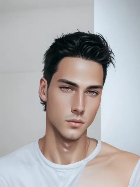 a young white man, black hair, brown eyes, white clothes, beautiful detailed eyes, beautiful detailed lips, extremely detailed eyes and face, long eyelashes, photorealistic, high quality, realistic, digital painting, warm lighting, studio lighting, vibrant...