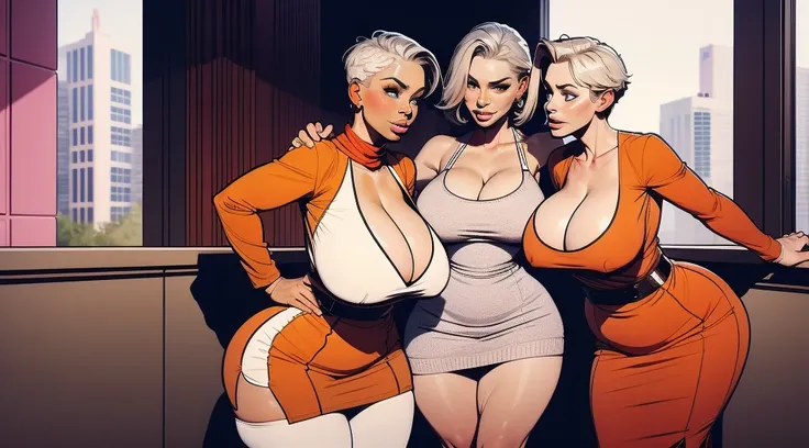 MILF, 2girls, large breasts, gigantic breasts, huge breasts, mature female, heavy breasts, short hair, silver hair, light skinned female, Sweater dress, cropped top, thick dress, Violet scarf, orange eyes, large, Curvy waist , Breasts resting on arms, arms...