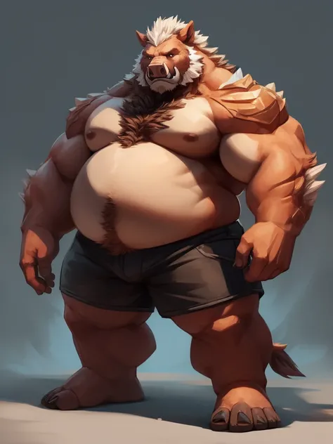 lucusold, lanxus, a man with a huge belly, furry boar, hog, fat ripped:1.2, chubby, more chubby , thicc, lowres, giant and fat, danbooru and artstation, heavy detailed, insanely inflated hips, topless, shorts, proportionally arms, fluffy chest, commission ...