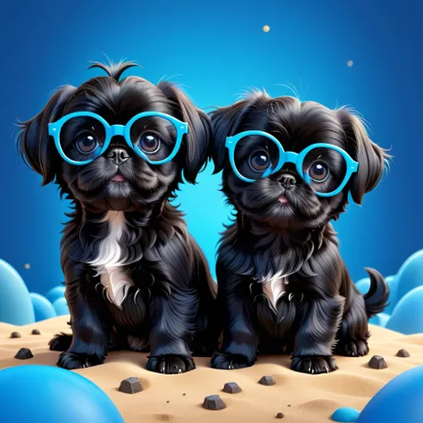 2 Adorable small black Shih Tzu puppies wearing bright blue and black glasses digging holes Disney background 3d cartoon 3d render disney pixar style