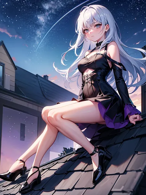 Girl sitting on the roof of a house, clasping your knees with your hands, and looks thoughtfully at the night sky, Star-studded. She&#39;s wearing a cozy sweater and her favorite cat socks.. Nearby there is a mug with still warm cocoa. The camera is locate...