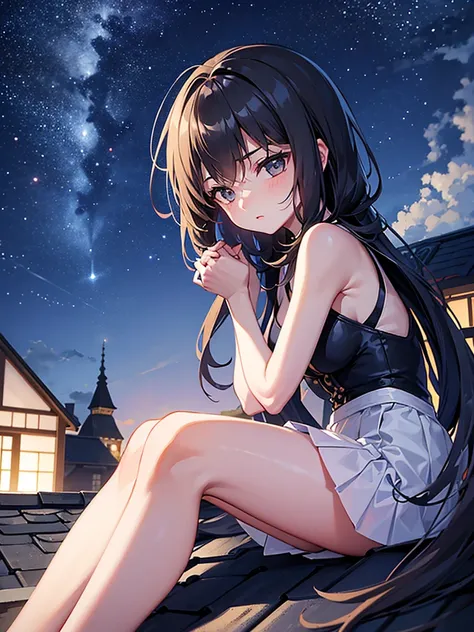 Girl sitting on the roof of a house, clasping your knees with your hands, and looks thoughtfully at the night sky, Star-studded. She&#39;s wearing a cozy sweater and her favorite cat socks.. Nearby there is a mug with still warm cocoa. The camera is locate...